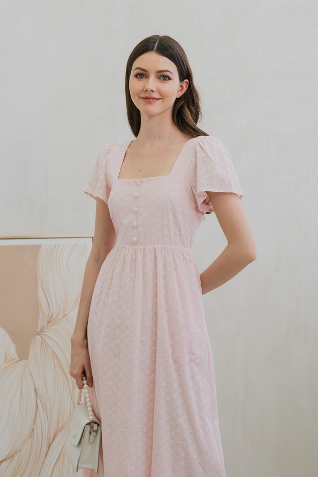 Evanté Eyelet button Midi Dress In Pink