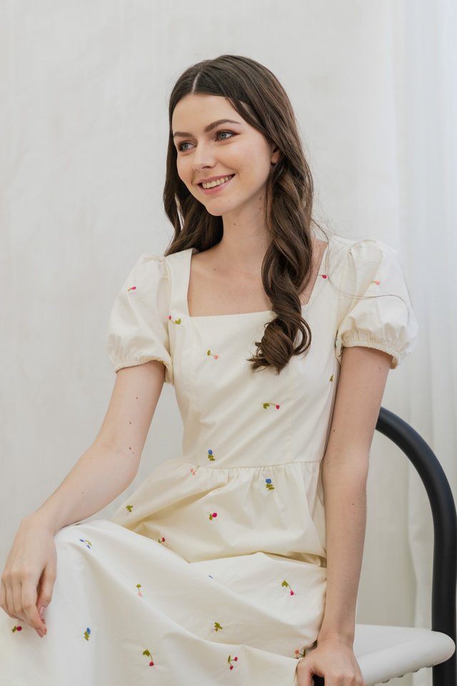 Tarte Cherry Embroidery Midi Dress In Cream