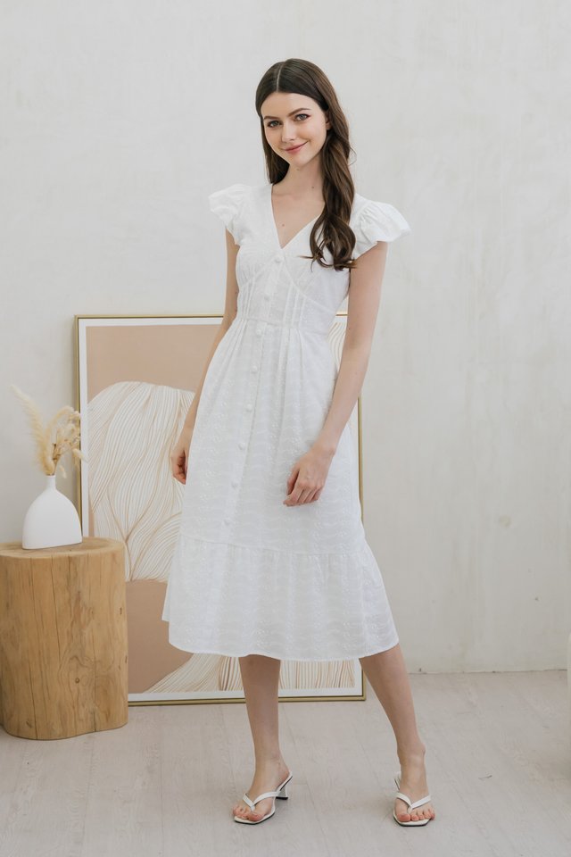 Estie Embroidery Capped Sleeve Midi Dress In White