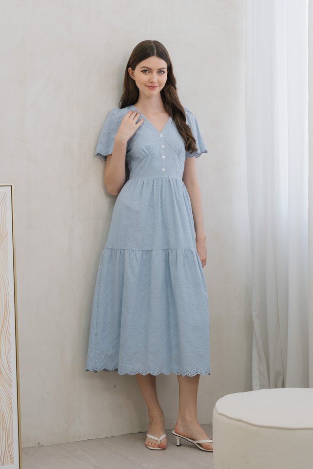 Histeria Eyelet Button Midi Dress In Blue