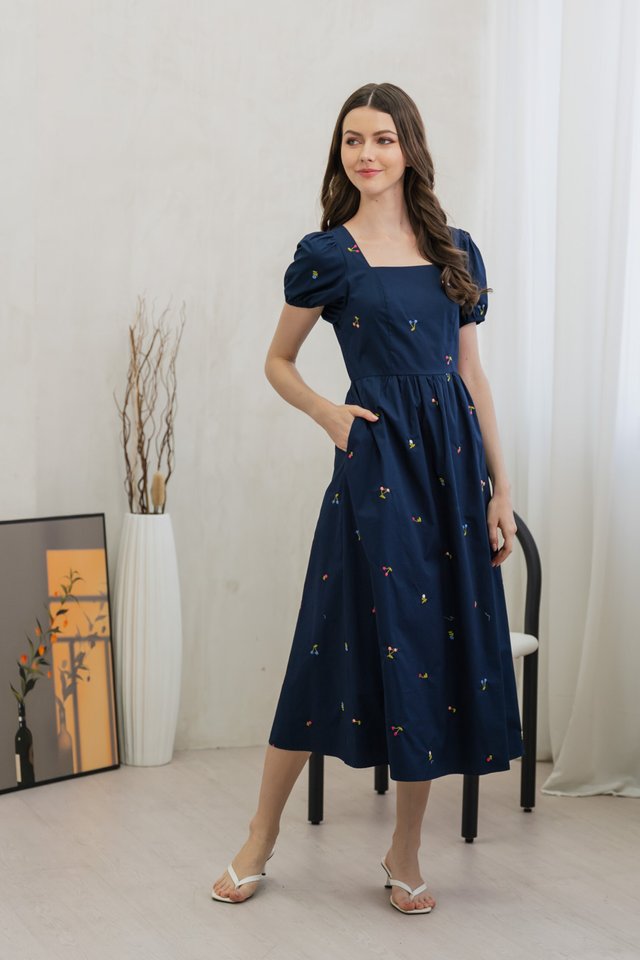 Tarte Cherry Embroidery Midi Dress In Navy
