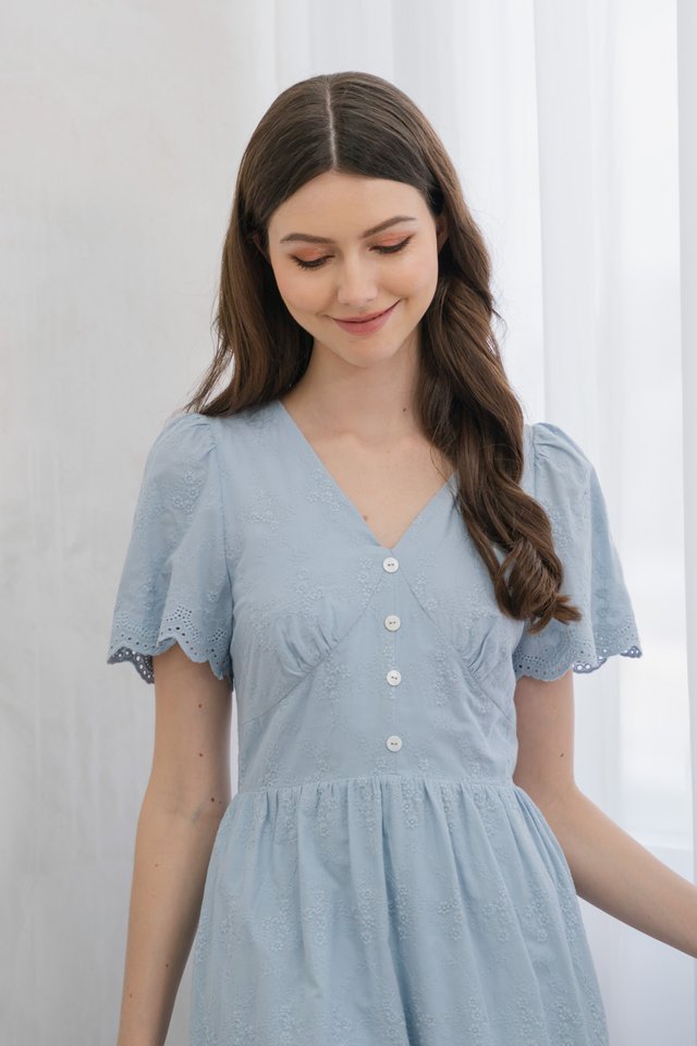 Histeria Eyelet Button Midi Dress In Blue