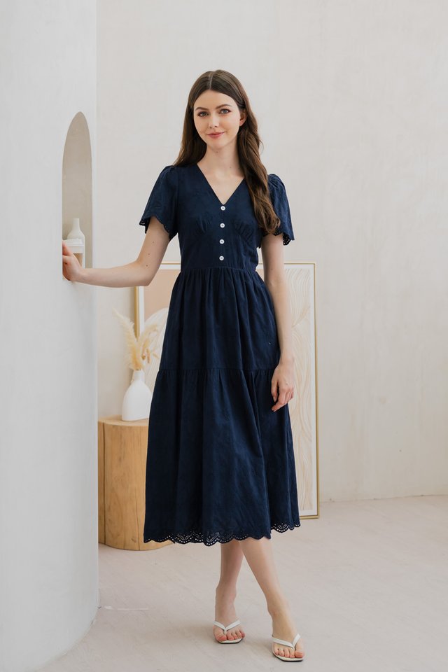 Histeria Eyelet Button Midi Dress In Navy