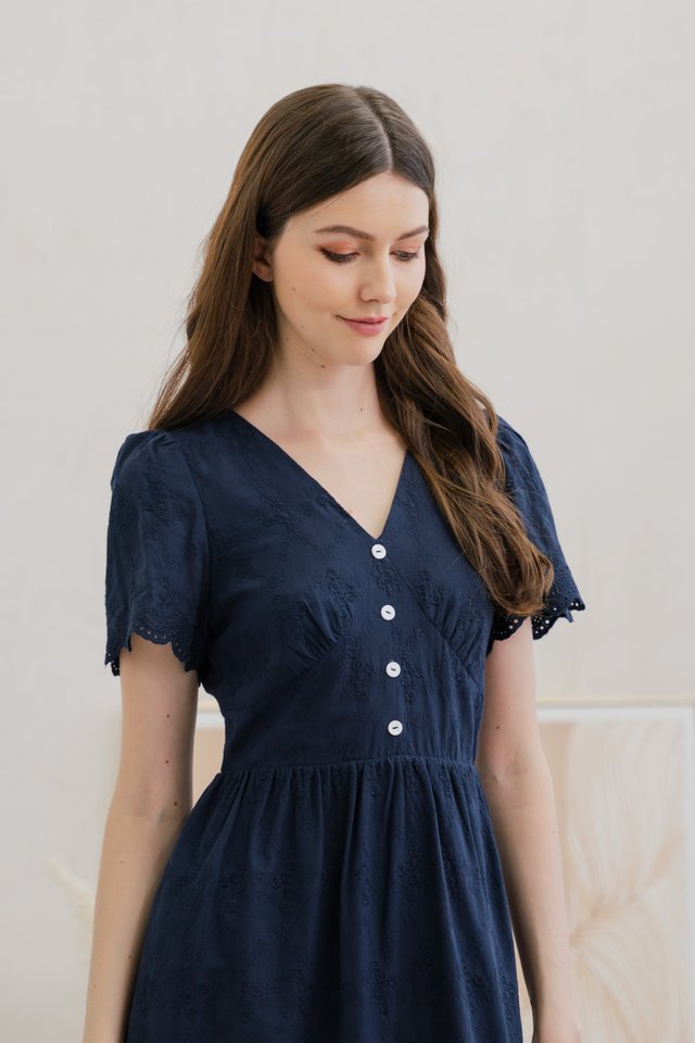Histeria Eyelet Button Midi Dress In Navy