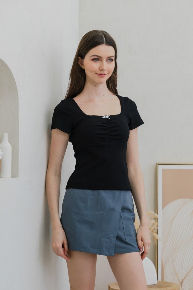 Cece Cargo Denim Overlap Skort In Gunmetal