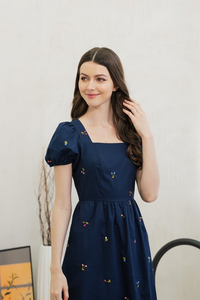 Tarte Cherry Embroidery Midi Dress In Navy