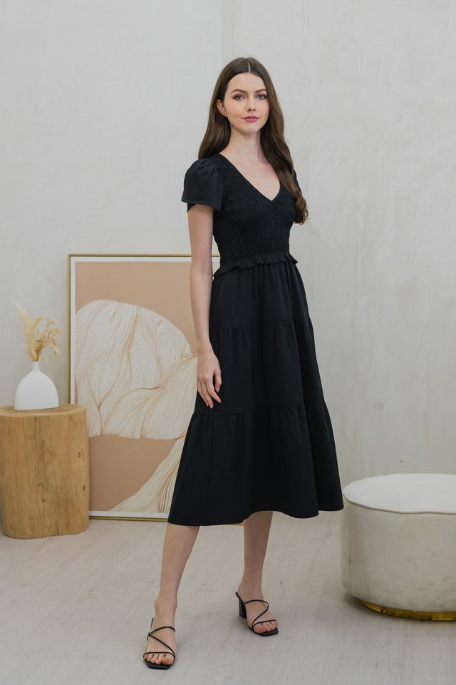 Stormi Smocked Tier Midi Dress In Black