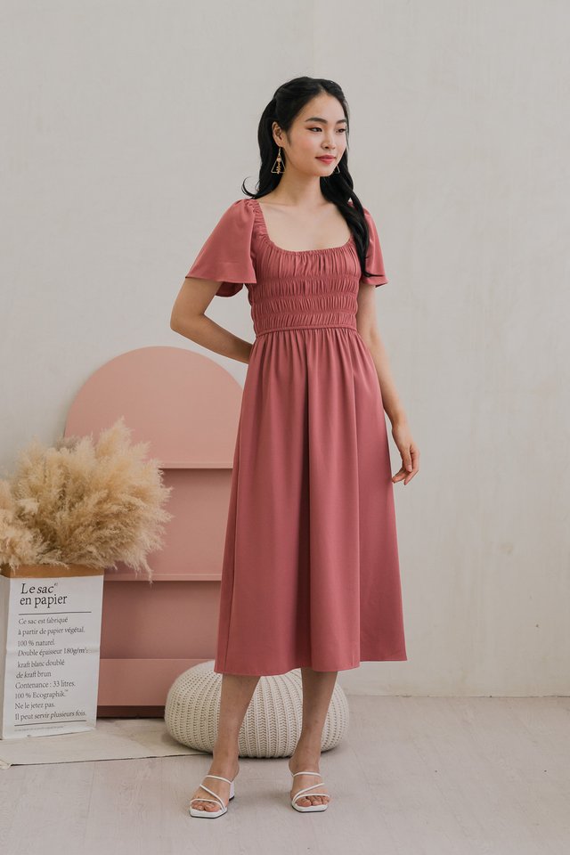 Moira Smocked Flare Sleeve Midi Dress In Rose