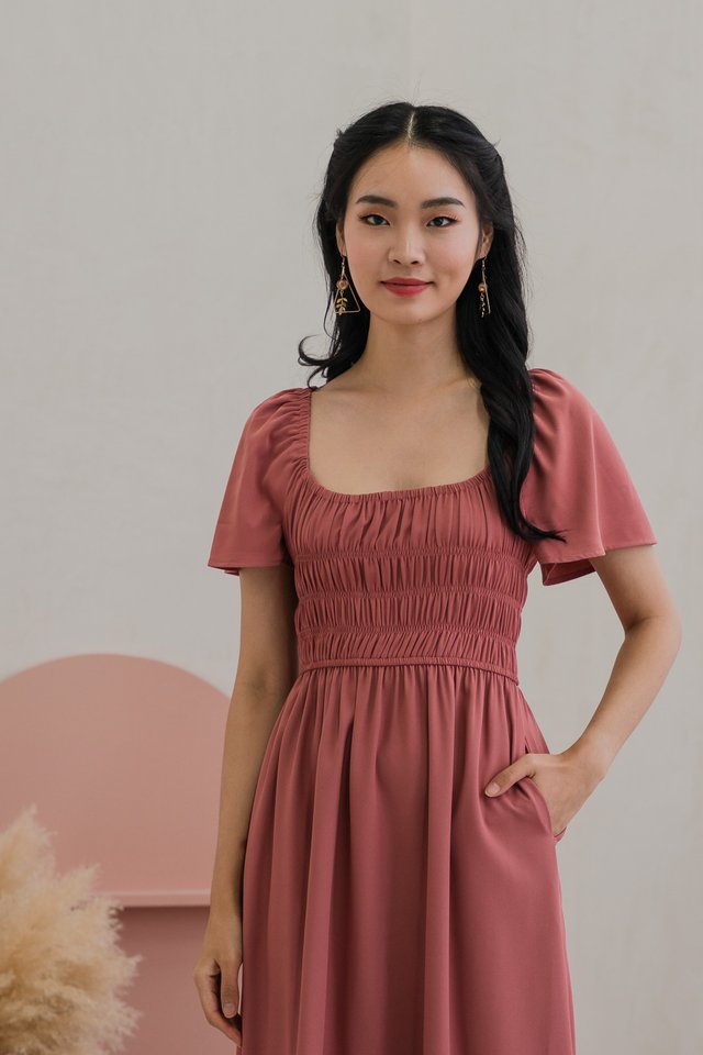 Moira Smocked Flare Sleeve Midi Dress In Rose