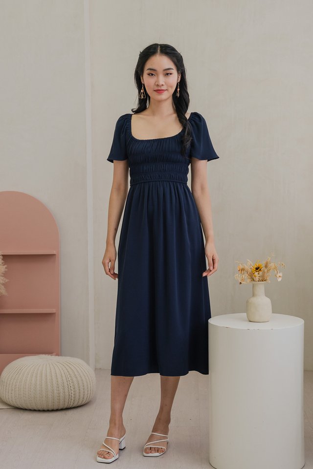 Moira Smocked Flare Sleeve Midi Dress In Navy