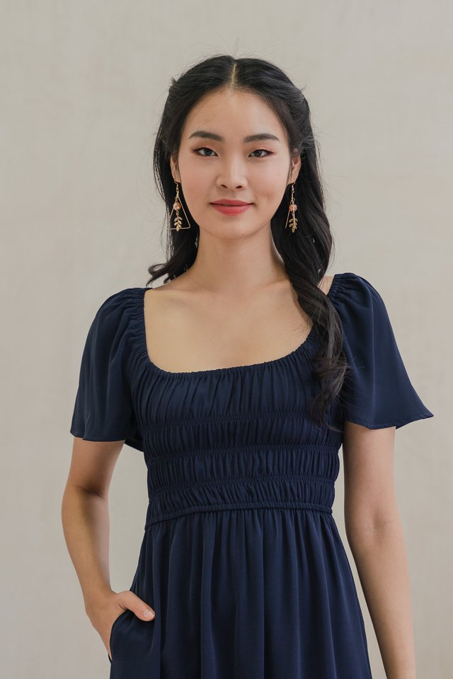 Moira Smocked Flare Sleeve Midi Dress In Navy