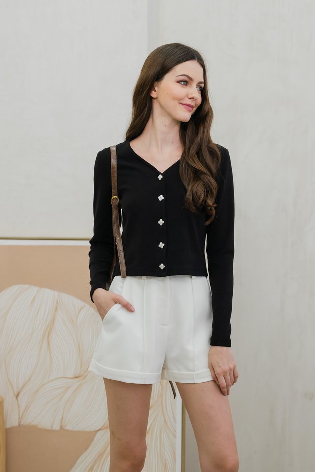 Polina Floral Button Ribbed Cardigan In Black