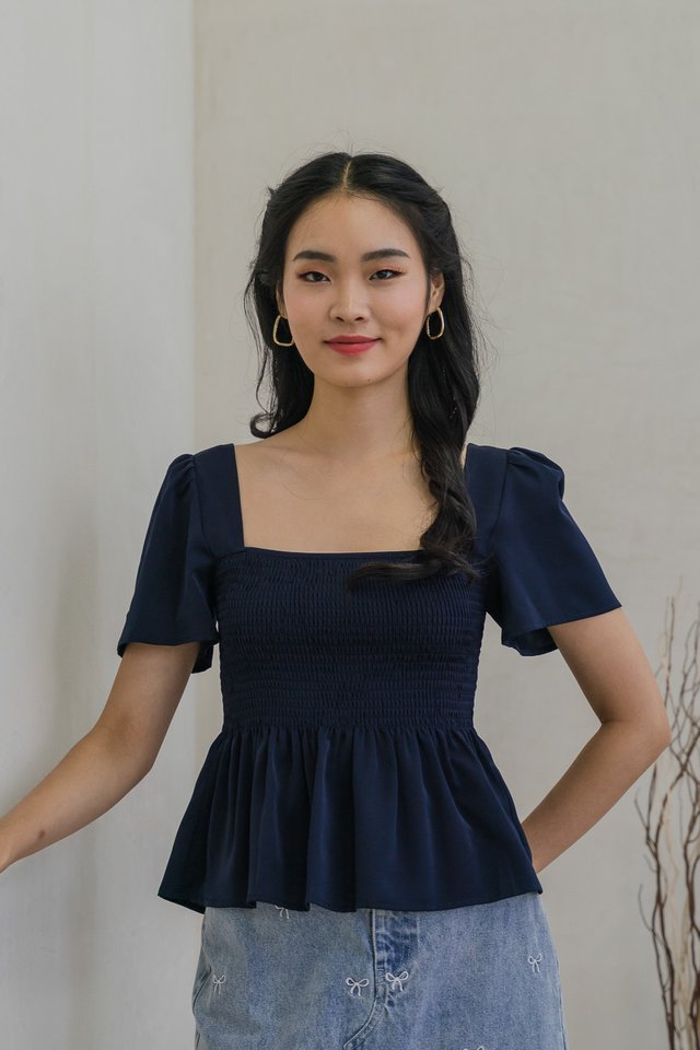 Sabine Smocked Cross-Back Top In Navy