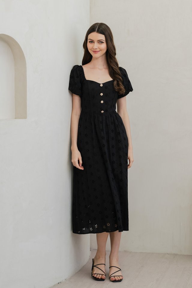 Fany Flower Button Eyelet Midi Dress In Black
