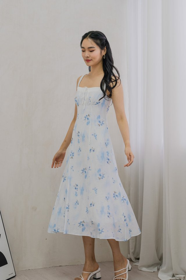 Stellar Printed Ribbon Midi Dress In White