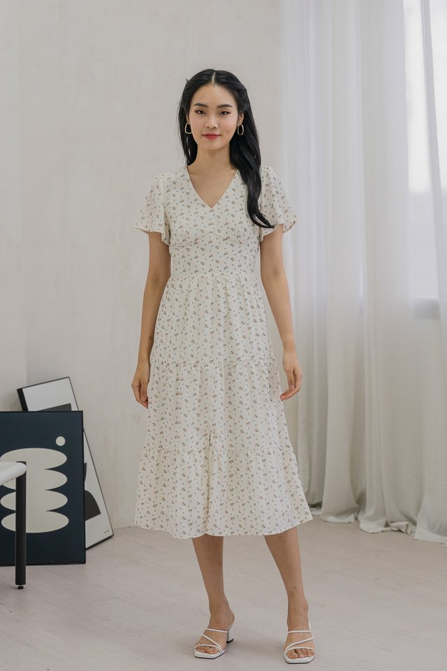 Rubyn Empire Waist Floral Tiered Midi Dress In Ivory