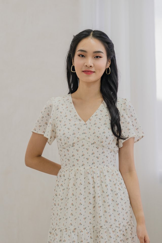 Rubyn Empire Waist Floral Tiered Midi Dress In Ivory