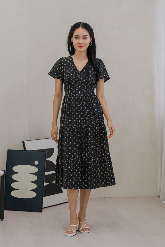 Rubyn Empire Waist Floral Tiered Midi Dress In Black