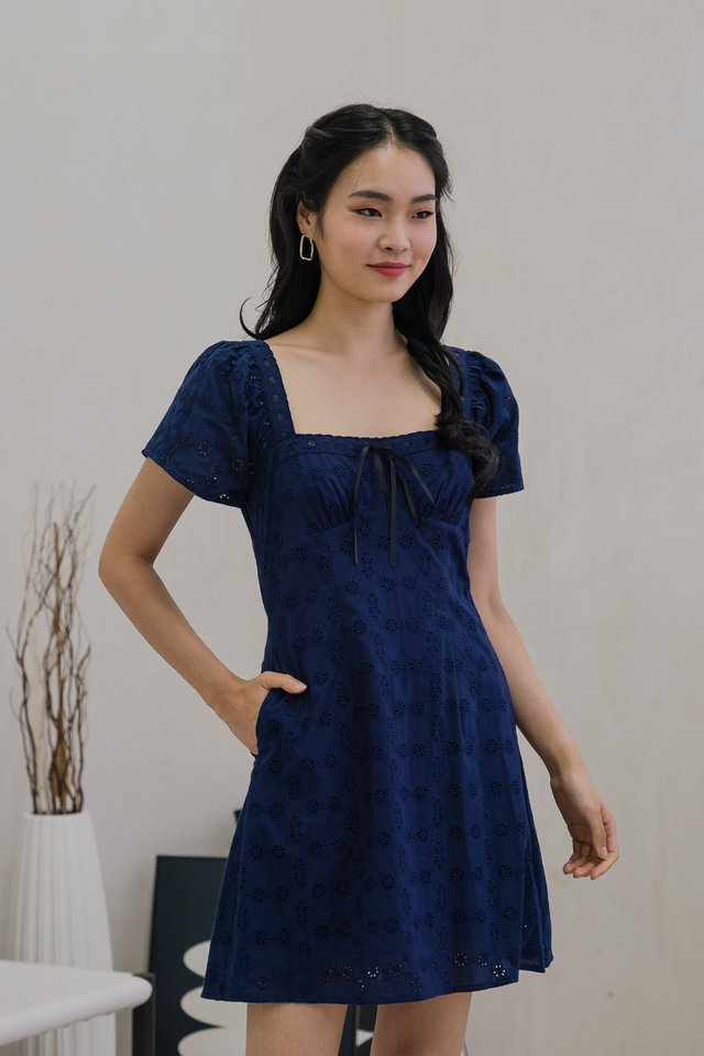 Everlynn Eyelet Ribbonette Dress In Navy