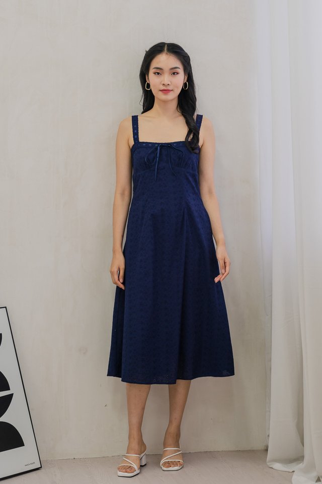 Eve Eyelet Camisole Ribbonette Midi Dress In Navy
