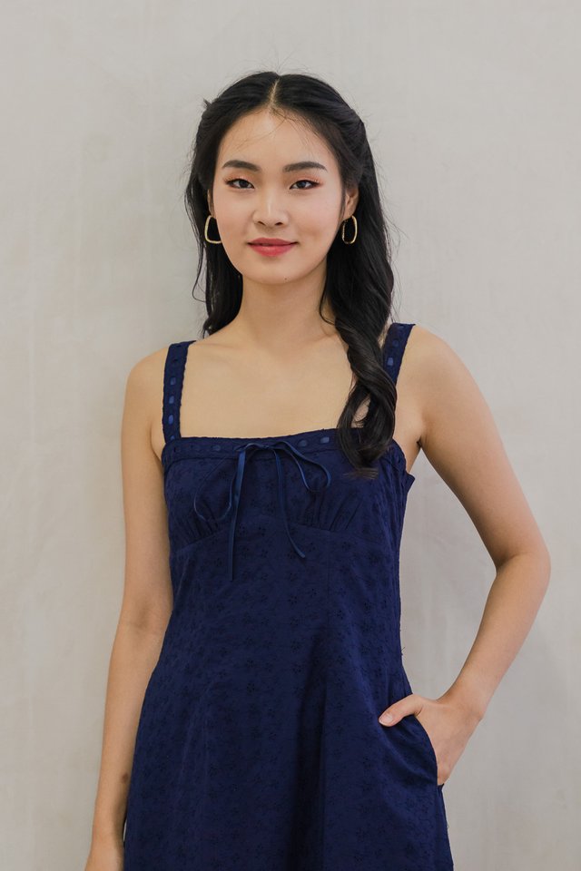Eve Eyelet Camisole Ribbonette Midi Dress In Navy