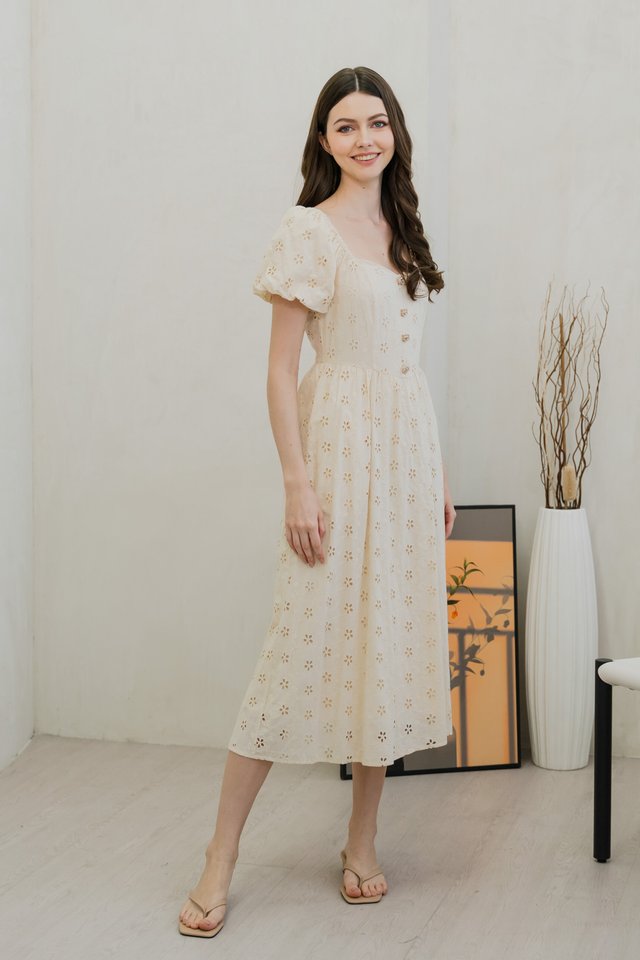 Fany Flower Button Eyelet Midi Dress In Cream