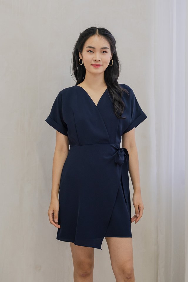 Flounce Faux Wrap Dress In Navy