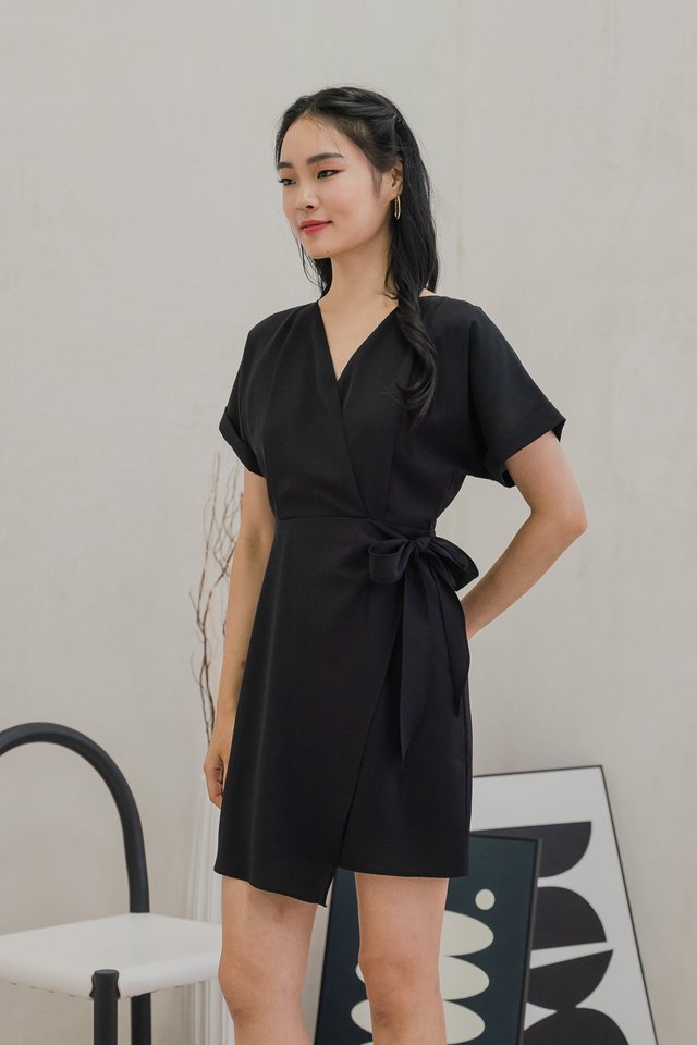 Flounce Faux Wrap Dress In Black
