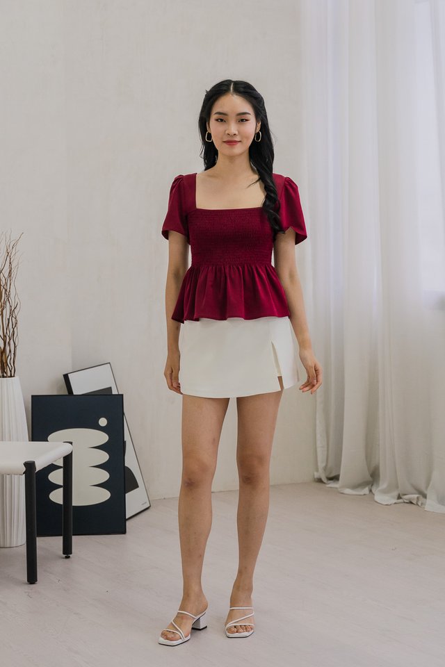 Sabine Smocked Cross-Back Top In Wine