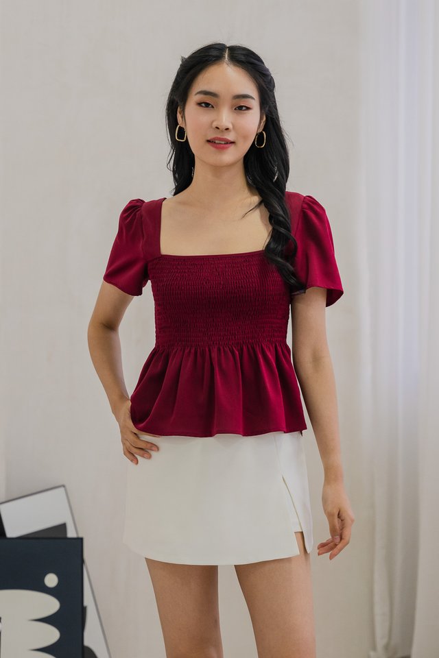 Sabine Smocked Cross-Back Top In Wine