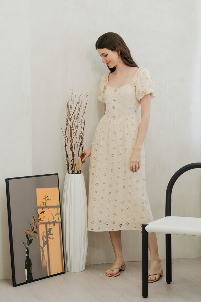 Fany Flower Button Eyelet Midi Dress In Cream