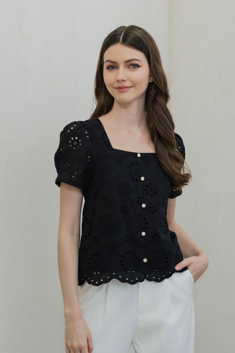 Illumi Iridescent Button Eyelet Top In Black (XS)