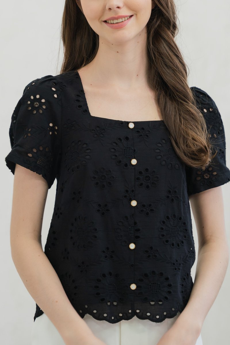 Illumi Iridescent Button Eyelet Top In Black (XS)