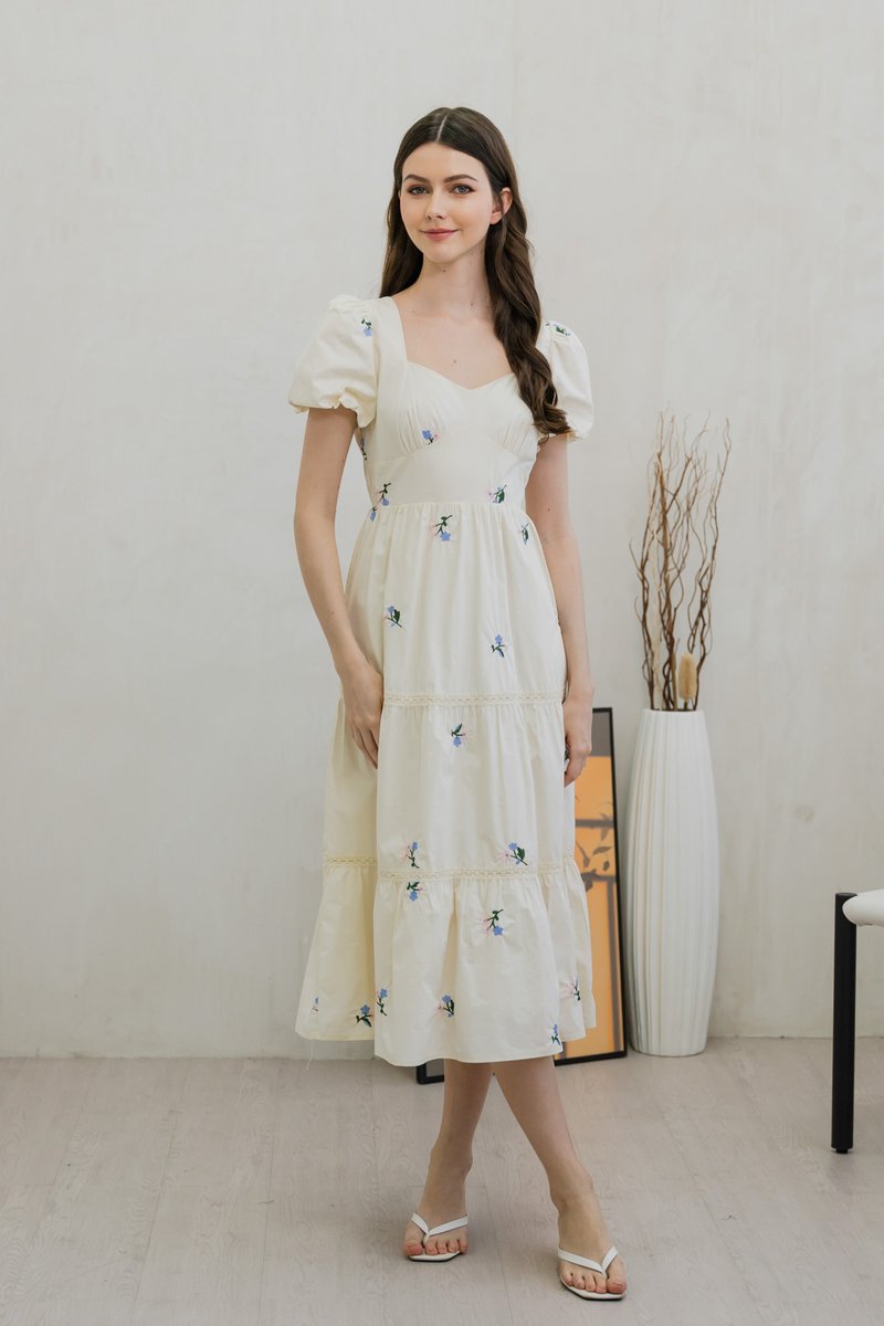 Flourish Embroidered Empire Midi Dress In Cream (XS)