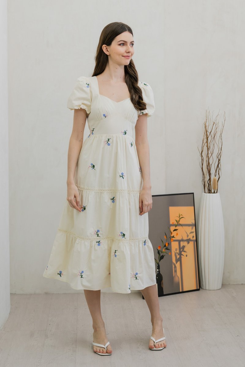 Flourish Embroidered Empire Midi Dress In Cream (XS)