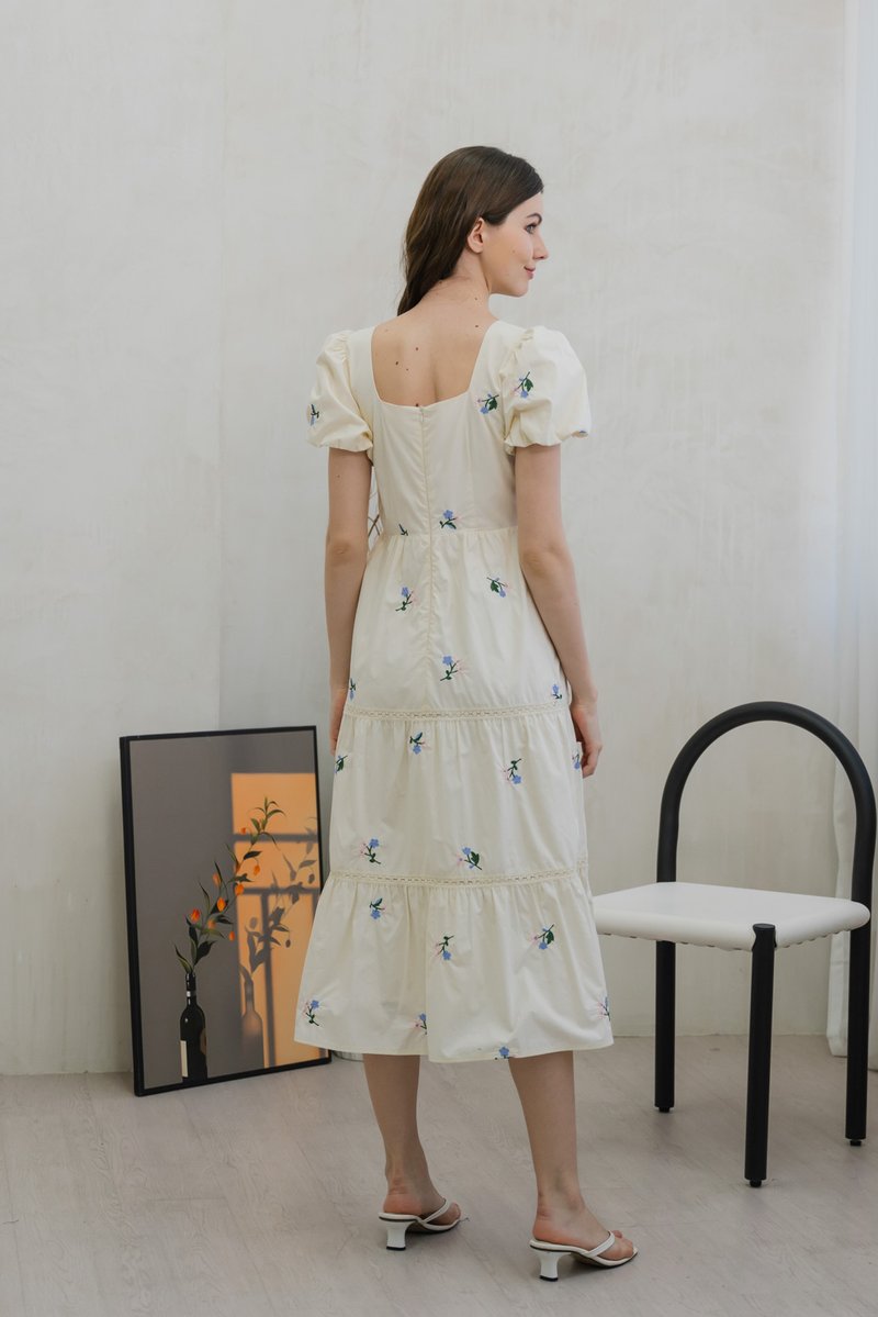 Flourish Embroidered Empire Midi Dress In Cream (XS)
