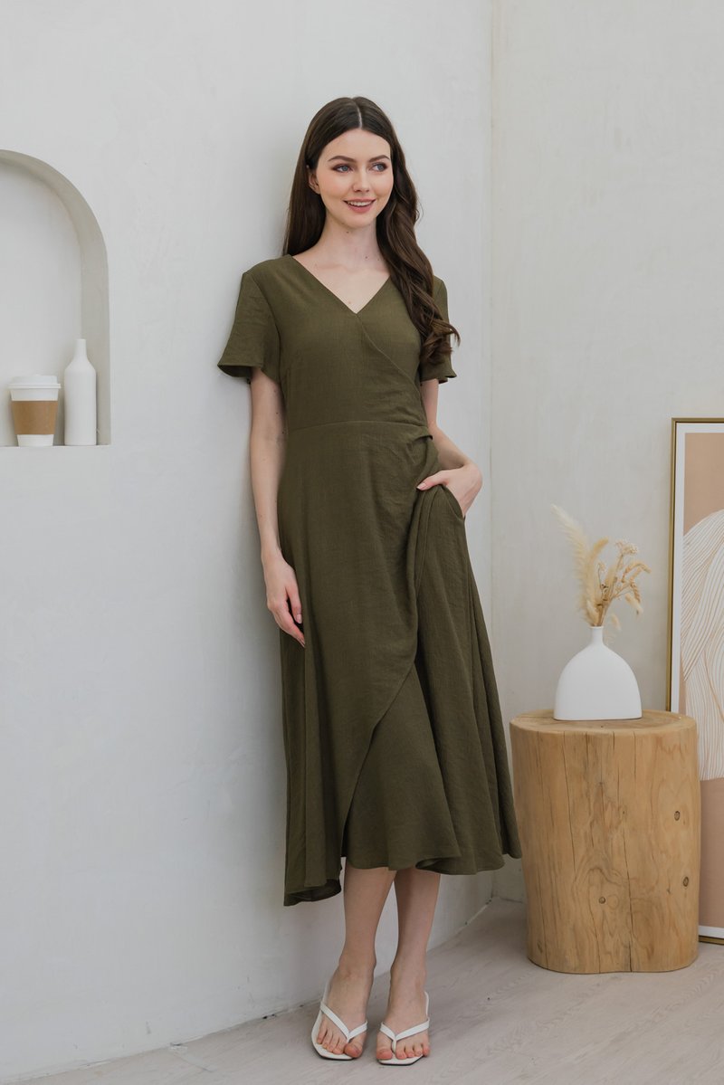 Gracie Side Ruched Wrap Maxi Dress In Olive