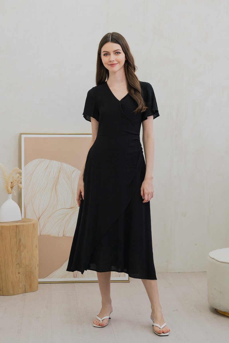 Gracie Side Ruched Wrap Maxi Dress In Black (XS)