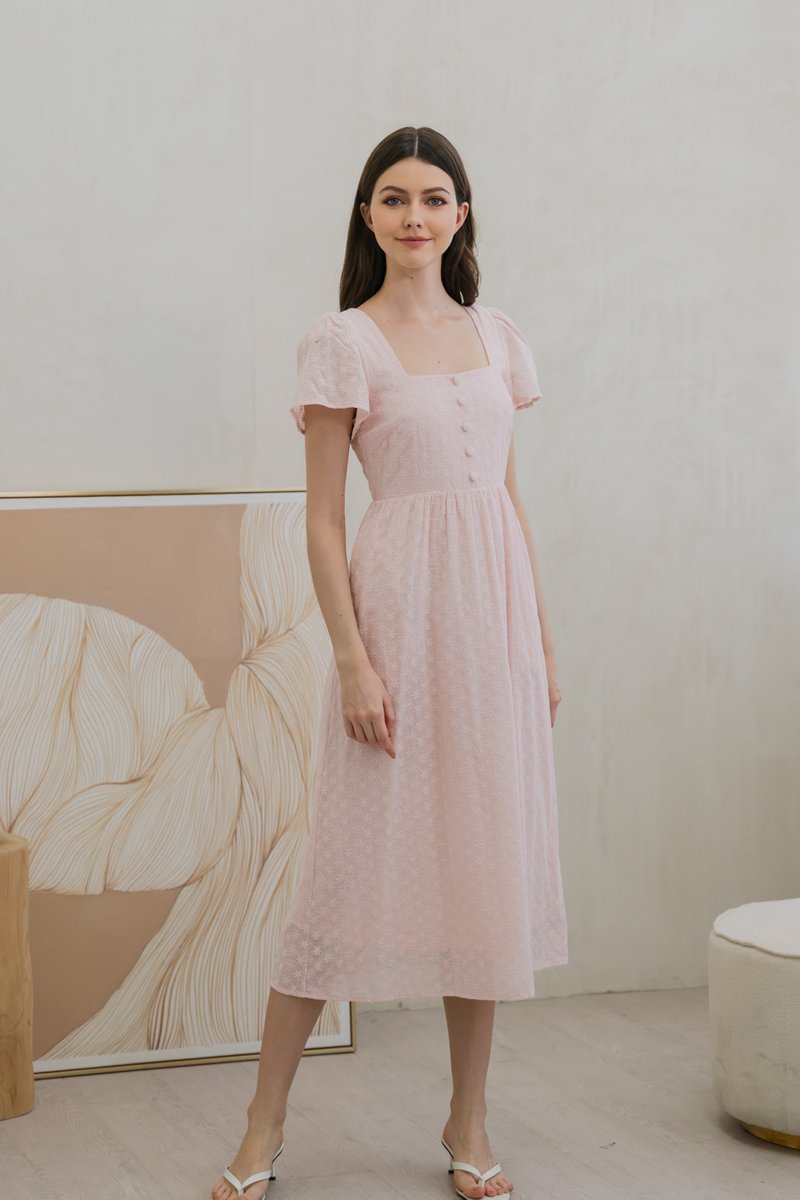 Evant&eacute; Eyelet button Midi Dress In Pink