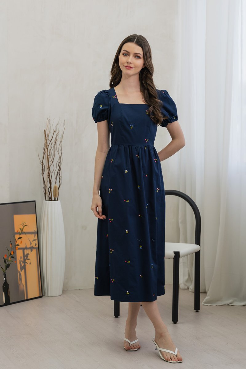 Tarte Cherry Embroidery Midi Dress In Navy (XS)