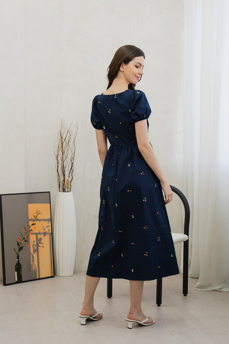 Tarte Cherry Embroidery Midi Dress In Navy (XS)