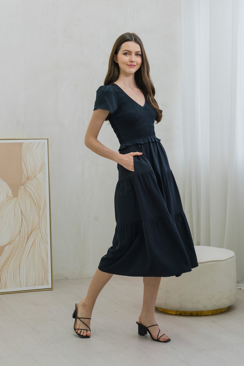 Stormi Smocked Tier Midi Dress In Navy (XS)