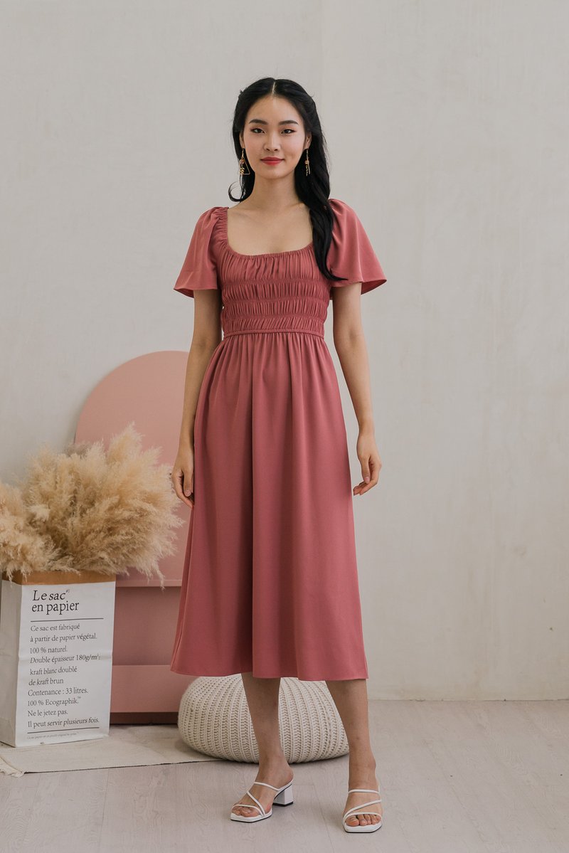 Moira Smocked Flare Sleeve Midi Dress In Rose