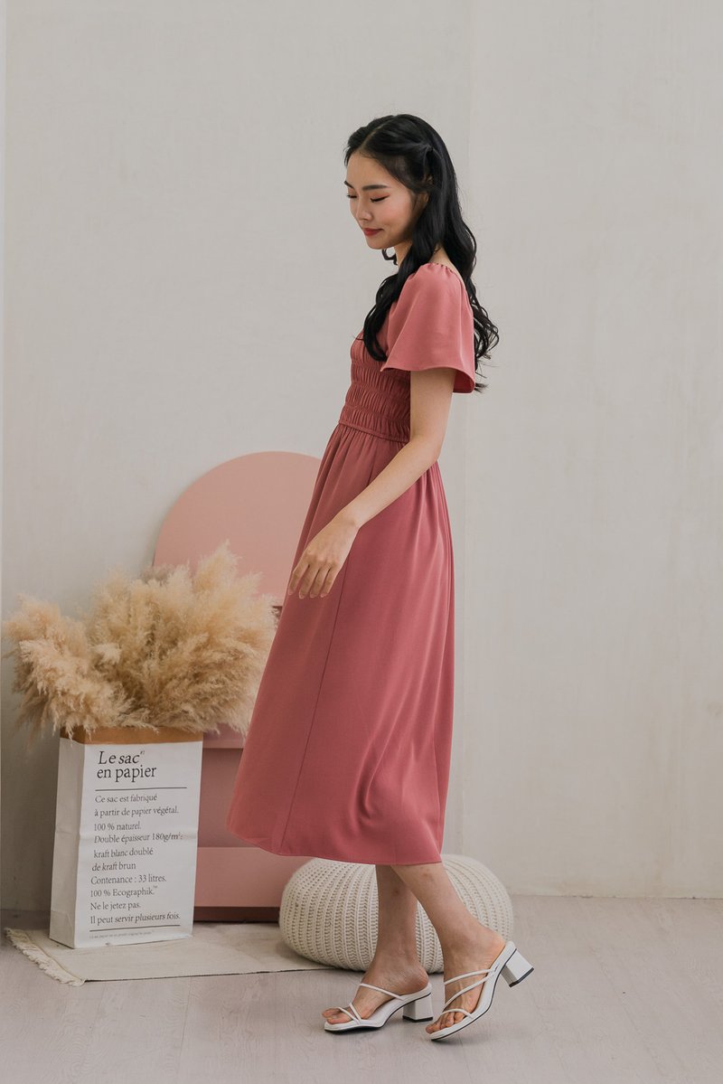 Moira Smocked Flare Sleeve Midi Dress In Rose
