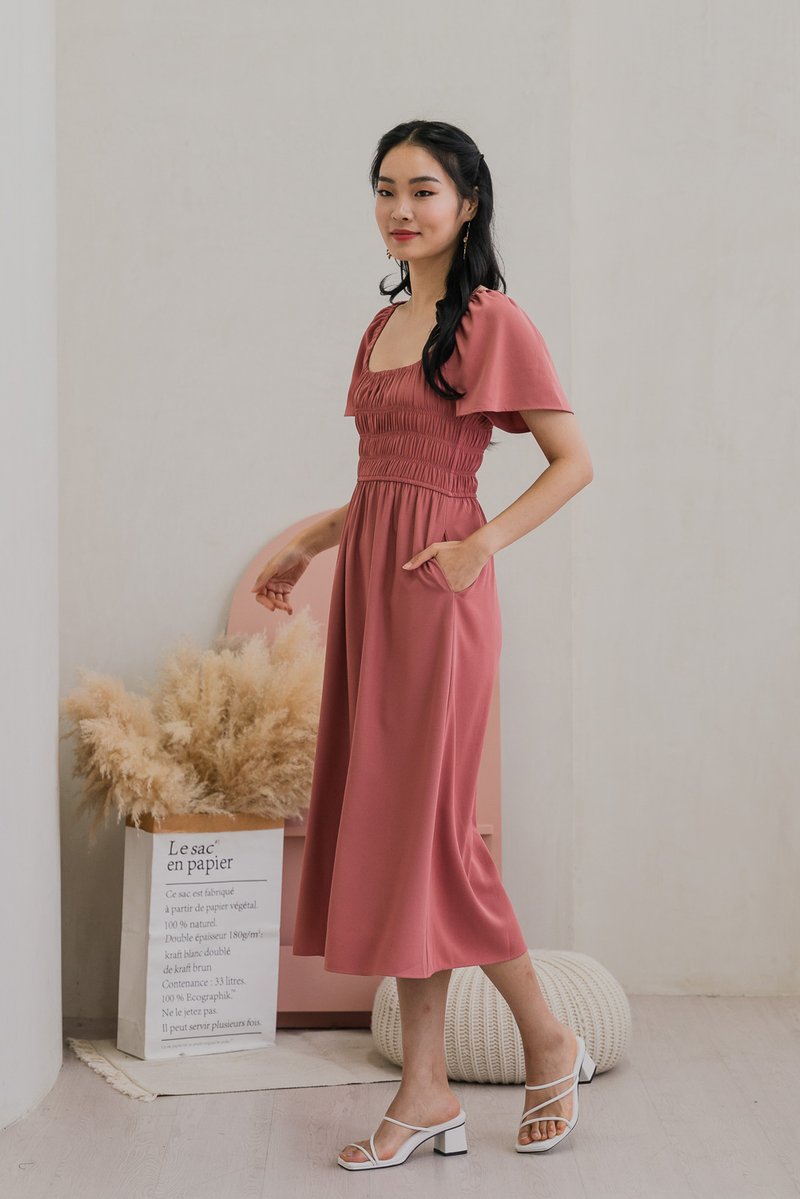 Moira Smocked Flare Sleeve Midi Dress In Rose