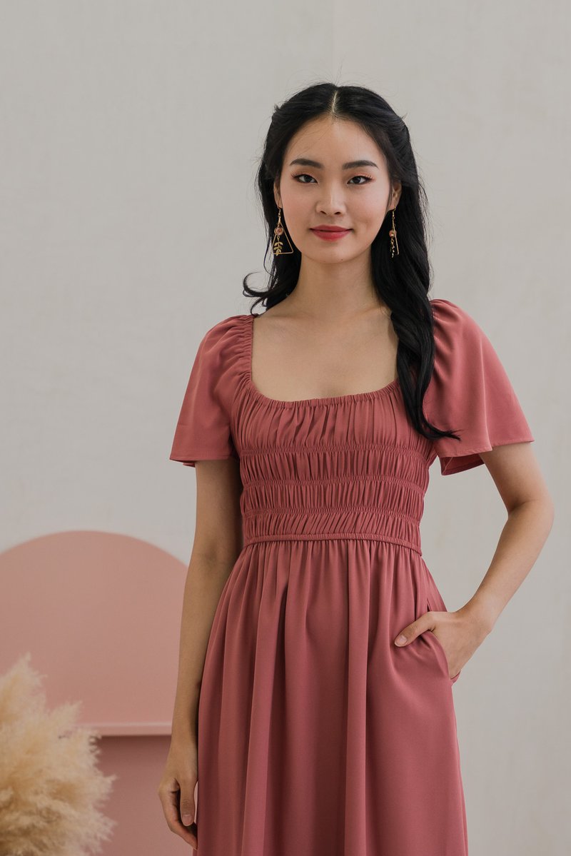 Moira Smocked Flare Sleeve Midi Dress In Rose
