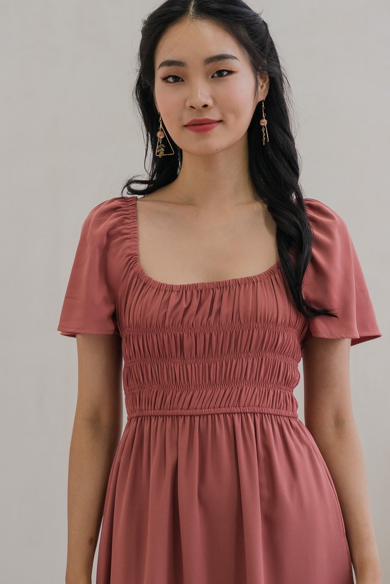 Moira Smocked Flare Sleeve Midi Dress In Rose