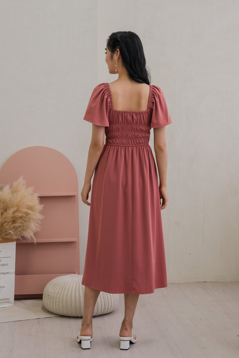 Moira Smocked Flare Sleeve Midi Dress In Rose