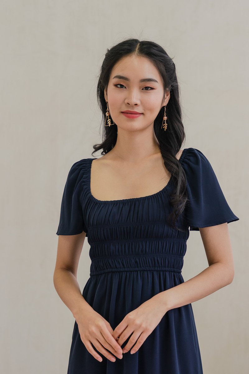 Moira Smocked Flare Sleeve Midi Dress In Navy (XS)