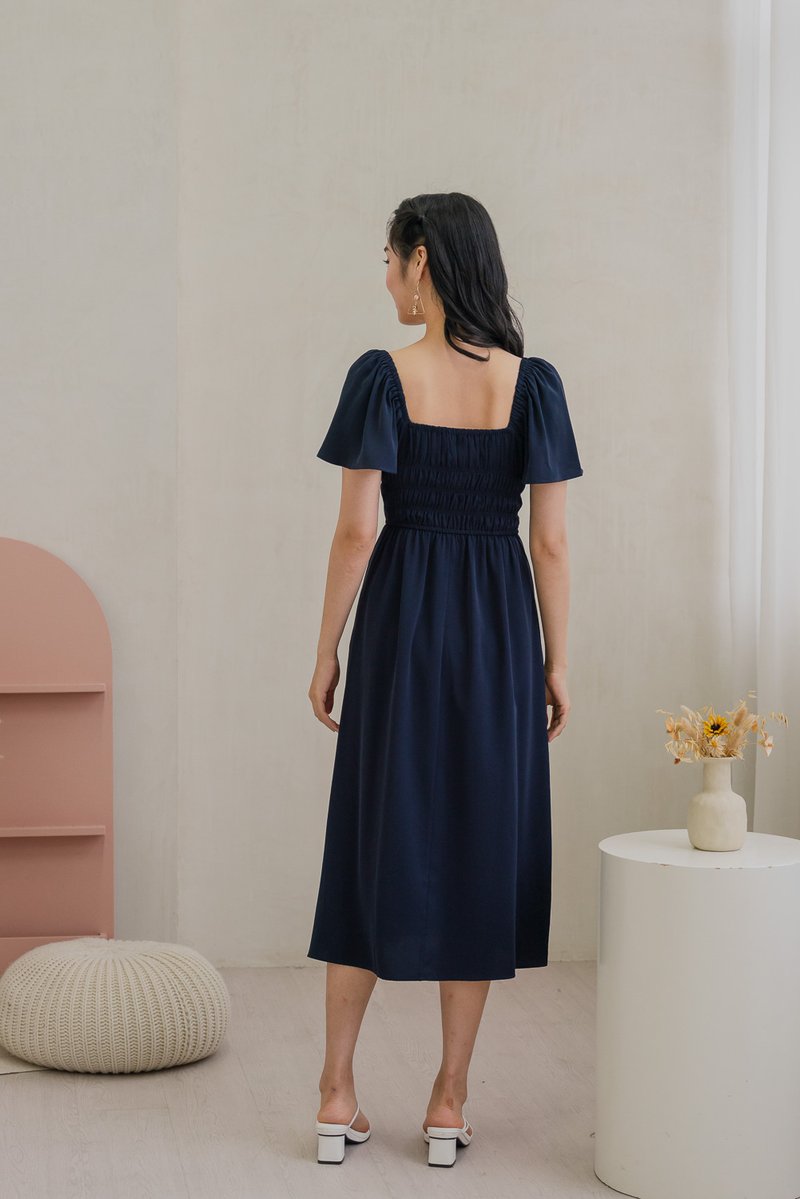 Moira Smocked Flare Sleeve Midi Dress In Navy (XS)